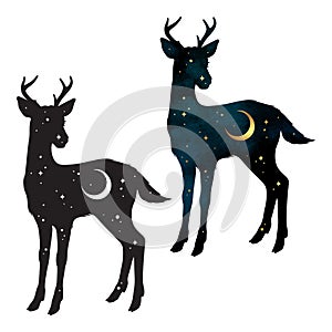 Silhouette of Deer magic animal with night sky with crescent moon gothic tattoo design isolated vector illustration