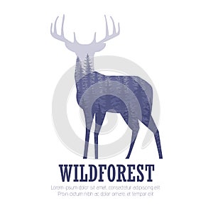 Silhouette of a deer with pine forest, blue and white colors background