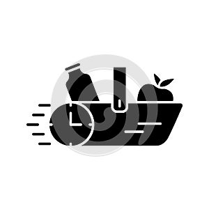 Silhouette Delivery of products concept. Food basket with stopwatch. Outline icon of grocery shopping. Black illustration of quick