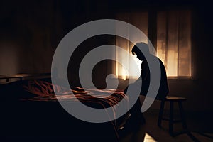 Silhouette depressed man sadly sitting in the bedroom. Sad asian man suffering depression insomnia awake. Generative by AI.