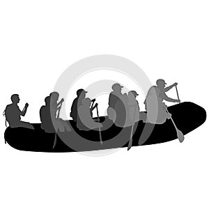 Silhouette descent on a river water rafters on a white background