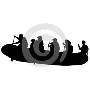 Silhouette descent on a river water rafters on a white background