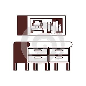 Silhouette of desk and shelving with stack of books