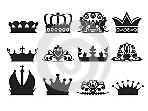 Silhouette of diadems and crowns. Vector monochrome pictures isolate