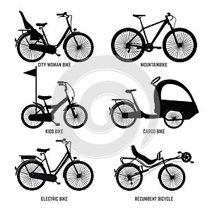 Silhouette of different bicycles for children, man and woman. Vector monochrome illustrations