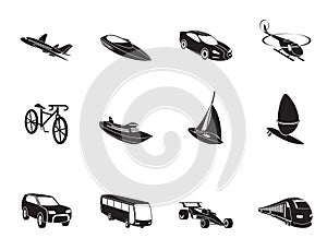 Silhouette different kind of transportation and travel icons