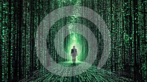 Silhouette in digital matrix: man in virtual cybercode forest photo