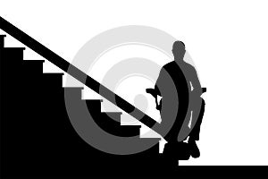 Silhouette Disabled person climbs on elevator for disabled on stairs