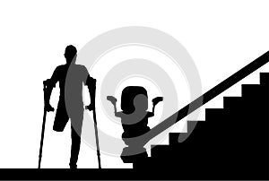 Silhouette Disabled person without a leg with crutches and a lift for disabled people