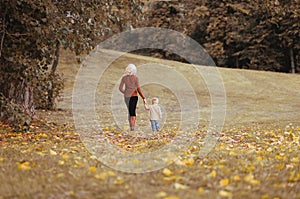 Silhouette in the distance mother and child holding hands together walking in autumn park on background of yellow leaves