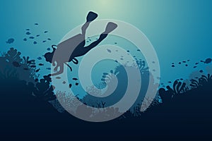 Silhouette of diver, coral reef and underwater