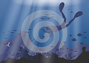Silhouette of diver, coral reef and underwater cave on a blue sea background. Vector illustration