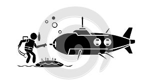 Silhouette of Diver and Submarine, Deep Exploration, vector design Generative AI
