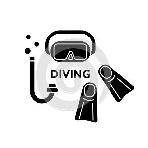 Silhouette Diving poster. Flippers, snorkel tube, mask. Set of outline scuba icon. Black simple illustration for equipment rental