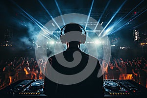 Silhouette of dj with headphones listening to music in a nightclub, rear view DJ with headphones at a nightclub party, AI