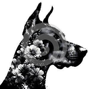 A silhouette of a doberman dog with double exposure of flowers in silhoutte.