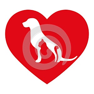 Silhouette of a dog and a cat on a background of the heart