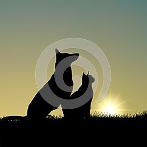 Silhouette of dog and cat on grass template