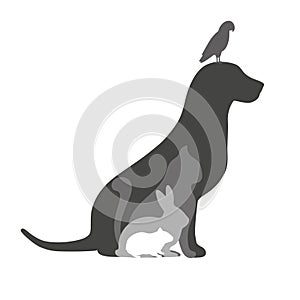 Silhouette dog cat rabbit hamster and bird on white background