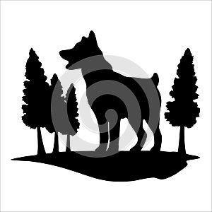 Silhouette of a dog in the forest. Vector illustration