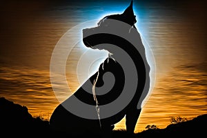 The silhouette of dog is silhouetted against the sky. Generative AI