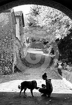 silhouette of dog and young woman playing in the garden in autumn