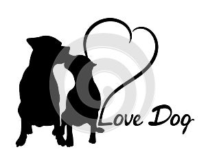 Silhouette of dogs, inscription Love Dog and heart.