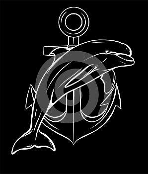 silhouette dolphin around an anchor with a rope, an ancient symbol of the sea, vector illustration