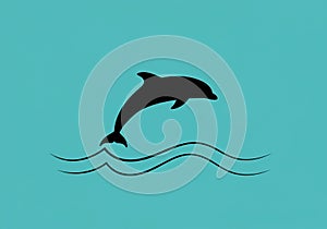 Silhouette of a dolphin (Delphinus delphis) leaping over stylized waves on a turquoise photo