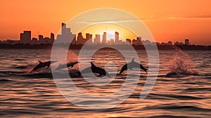 Silhouette of dolphins jumping from the waves with the Gold Coast city skyline in the background