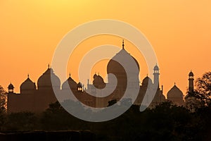 Silhouette of domes and minarets of Taj Mahal at sunset, Agra, Uttar Pradesh, India