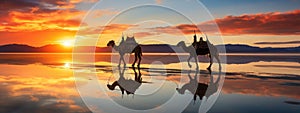 silhouette of Dover lead a caravan of camels at sunset generative AI