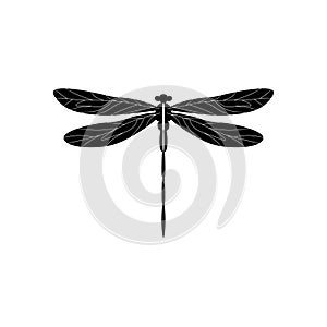 Silhouette of a dragonfly. Glyph icon of insect, simple shape of damselfly. Black vector illustration on white. Perfect for