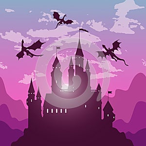 Silhouette of dragons in the sky and castle as poster for House of the Dragon series