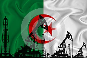 Silhouette of drilling rigs and oil derricks on the background of the flag of Algeria. Oil and gas industry. The concept of oil