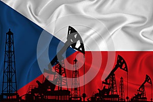 Silhouette of drilling rigs and oil derricks on the background of the flag of Czech. Oil and gas industry. The concept of oil