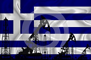 Silhouette of drilling rigs and oil derricks on the background of the flag of Greece. Oil and gas industry. The concept of oil