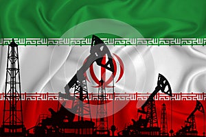 Silhouette of drilling rigs and oil derricks on the background of the flag of Iran. Oil and gas industry. The concept of oil