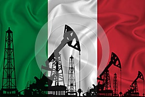 Silhouette of drilling rigs and oil derricks on the background of the flag of Italy. Oil and gas industry. The concept of oil