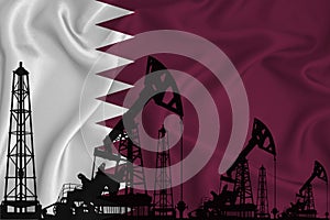 Silhouette of drilling rigs and oil derricks on the background of the flag of qatar. Oil and gas industry. The concept of oil