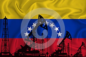 Silhouette of drilling rigs and oil derricks on the background of the flag of Venezuela. Oil and gas industry. The concept of oil