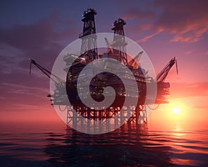 Silhouette of drilling technologies. Sunset oil digging platform. Generative AI