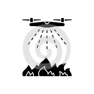 Silhouette Drone puts out fire. Outline icon of firefighting quadcopter. Black illustration of airplane spraying water or flame