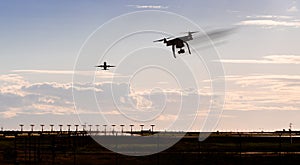 A silhouette of a drone rapidly moving towards an departing aircraft near a airport.