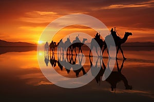 Silhouette of Drover Leading a Caravan of Camels on the Trail. Generative By Ai photo