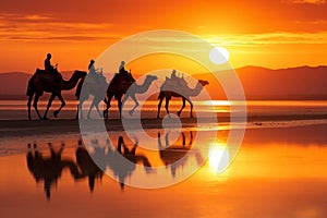 Silhouette of Drover Leading a Caravan of Camels on the Trail. Generative By Ai photo