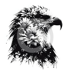 A silhouette of a eagle with double exposure of flowers in silhoutte.