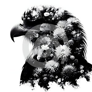 A silhouette of a eagle with double exposure of flowers in silhoutte.
