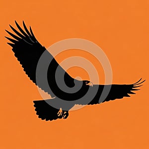 Silhouette of an eagle in flight against an orange background
