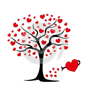 Silhouette of an ebony with red hearts. Love tree. Greeting card for Valentine`s Day
